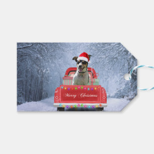 Rat Terrier Dog in Snow sitting in Christmas Truck Gift Tags