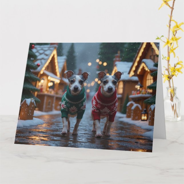 Rat Terrier Dogs Christmas Snow Holiday Card (Yellow Flower)