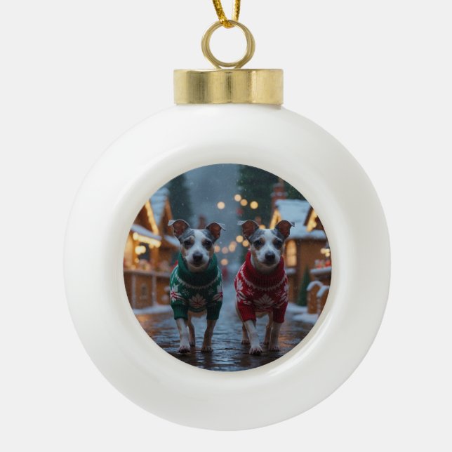 Rat Terrier Dogs Christmas Snow Holiday Ceramic Ball Christmas Ornament (Front)