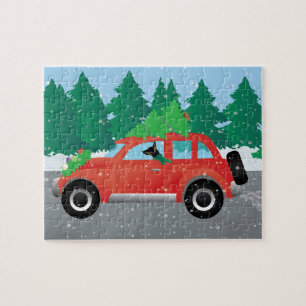 Rat Terrier Driving a Christmas Car with a Tree Jigsaw Puzzle
