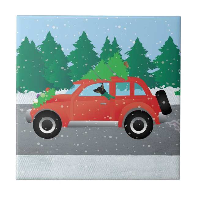 Rat Terrier Driving a Christmas Car with a Tree Tile (Front)