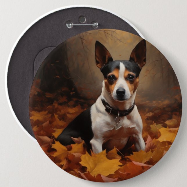 Rat Terrier in Autumn Leaves Fall Inspire  6 Inch Round Button (Front & Back)