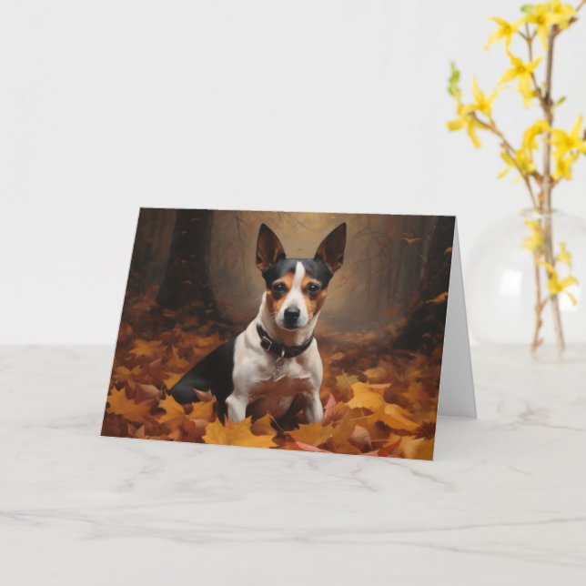 Rat Terrier in Autumn Leaves Fall Inspire  Card (Yellow Flower)