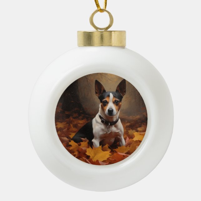 Rat Terrier in Autumn Leaves Fall Inspire  Ceramic Ball Christmas Ornament (Front)