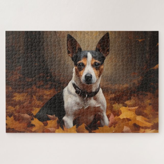 Rat Terrier in Autumn Leaves Fall Inspire  Jigsaw Puzzle (Horizontal)