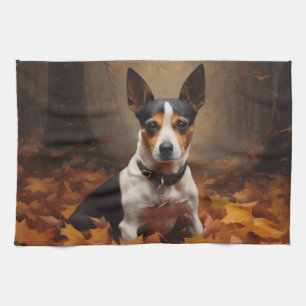 Rat Terrier in Autumn Leaves Fall Inspire Kitchen Towel
