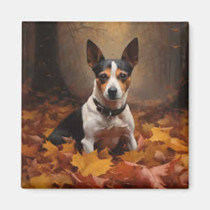 Rat Terrier in Autumn Leaves Fall Inspire  Magnet