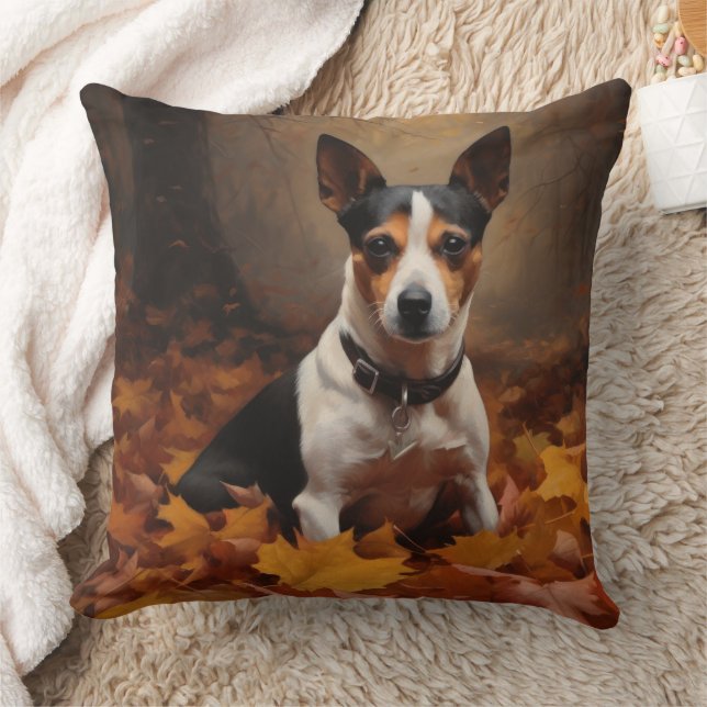 Rat Terrier in Autumn Leaves Fall Inspire  Throw Pillow (Blanket)