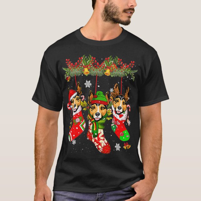 Rat Terrier In Socks Christmas Santa Hat Xmas T-Shirt (Front)