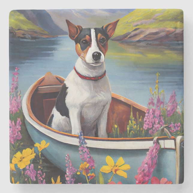 Rat Terrier on a Paddle: A Scenic Adventure Stone Coaster (Front)