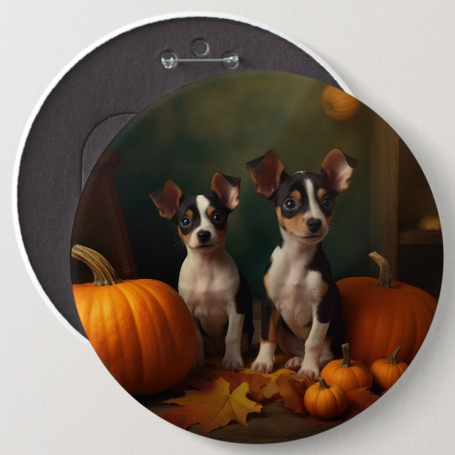 Rat Terrier Puppy Autumn Delight Pumpkin  6 Inch Round Button (Front & Back)