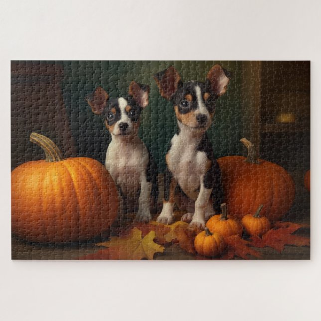 Rat Terrier Puppy Autumn Delight Pumpkin  Jigsaw Puzzle (Horizontal)