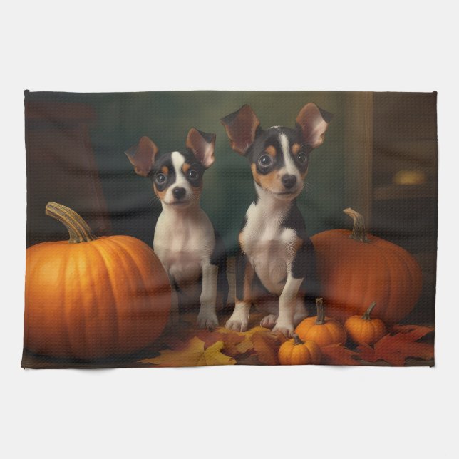 Rat Terrier Puppy Autumn Delight Pumpkin  Kitchen Towel (Horizontal)