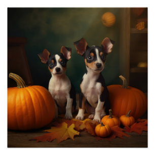Rat Terrier Puppy Autumn Delight Pumpkin Poster