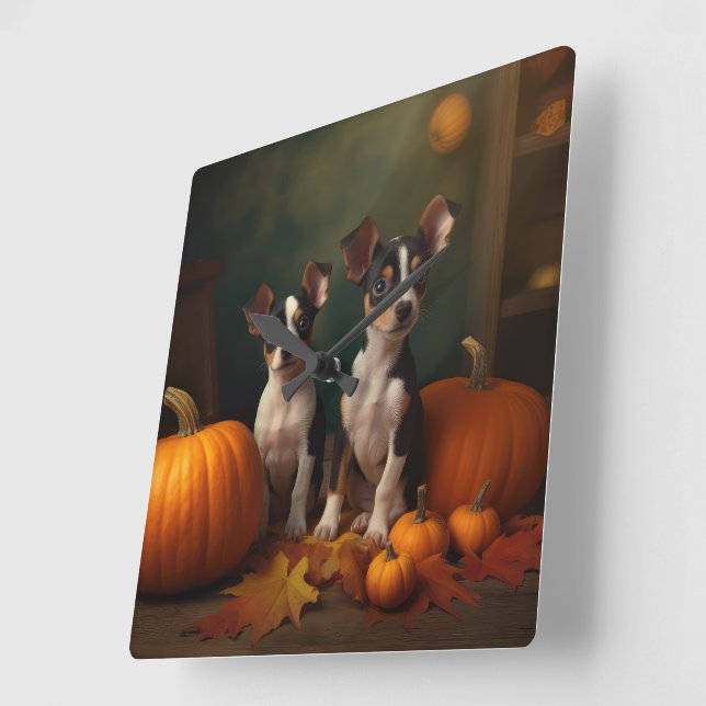 Rat Terrier Puppy Autumn Delight Pumpkin  Square Wall Clock (Angle)
