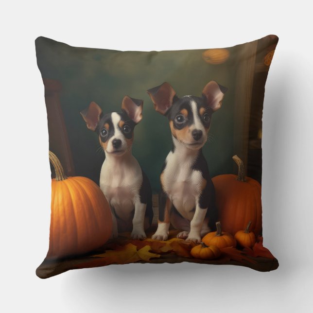 Rat Terrier Puppy Autumn Delight Pumpkin  Throw Pillow (Back)