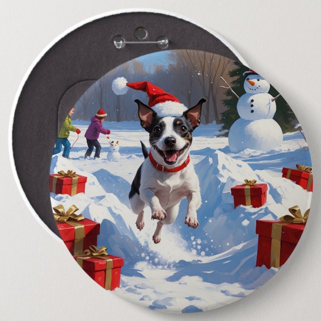 Rat Terrier Running in Snow with Christmas Hat 6 Inch Round Button (Front & Back)