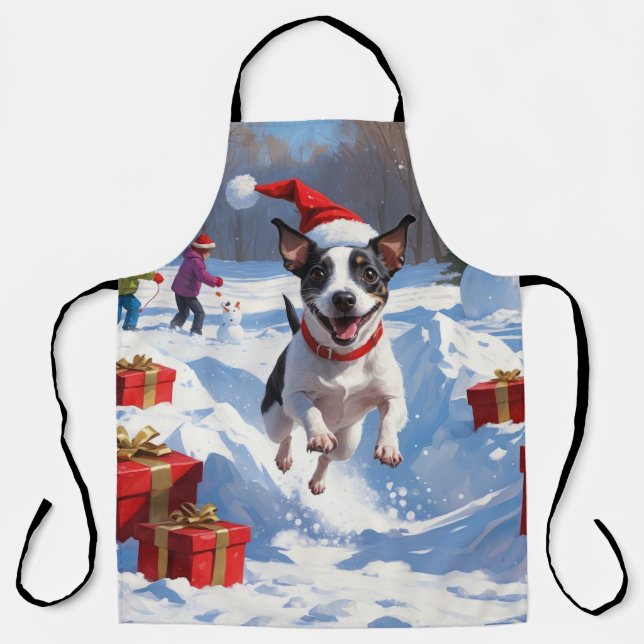 Rat Terrier Running in Snow with Christmas Hat Apron (Front)