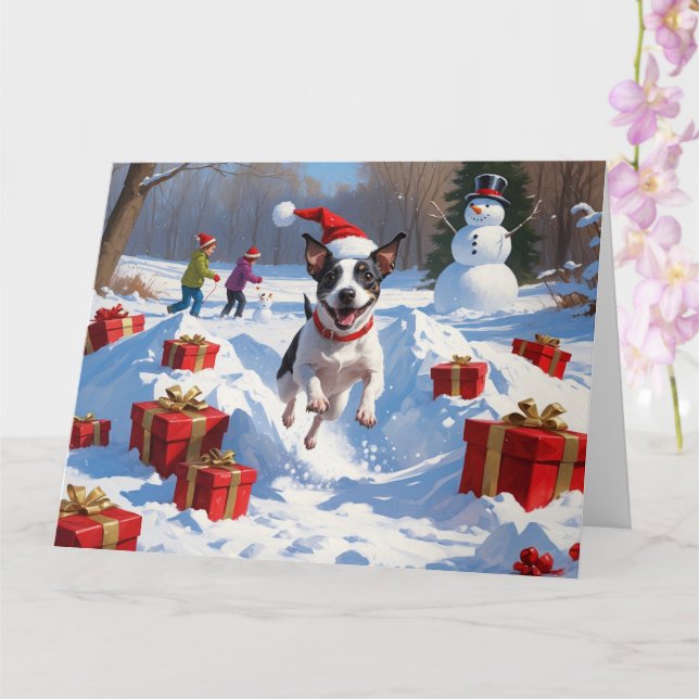 Rat Terrier Running in Snow with Christmas Hat Card (Orchid)