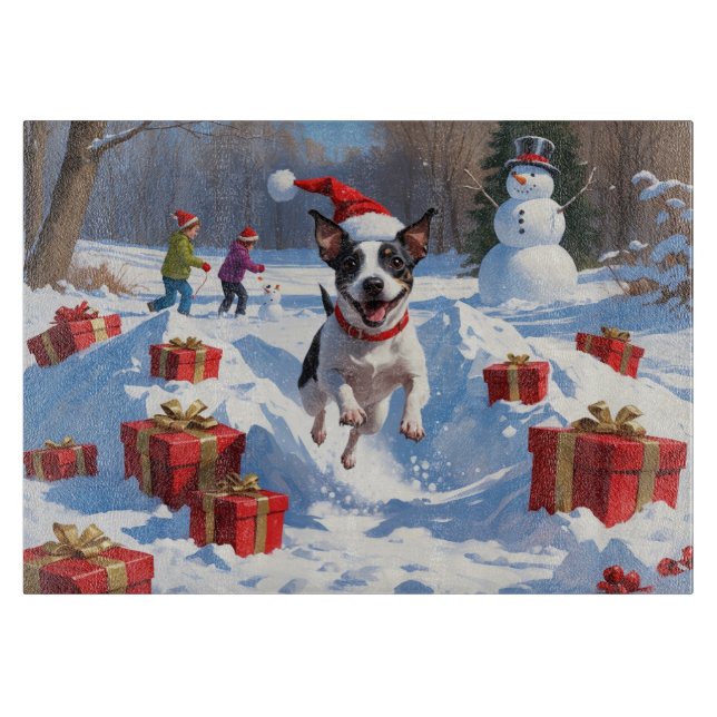 Rat Terrier Running in Snow with Christmas Hat Cutting Board (Front)