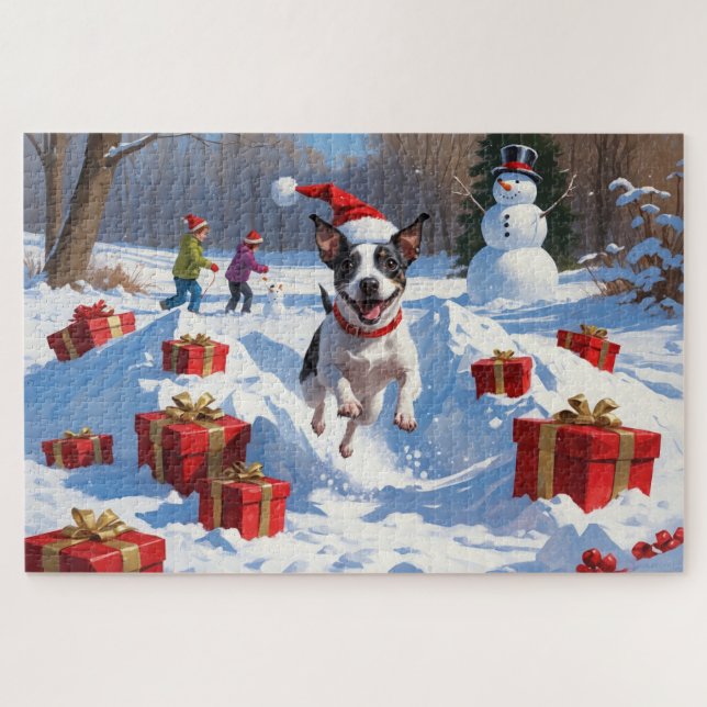 Rat Terrier Running in Snow with Christmas Hat Jigsaw Puzzle (Horizontal)