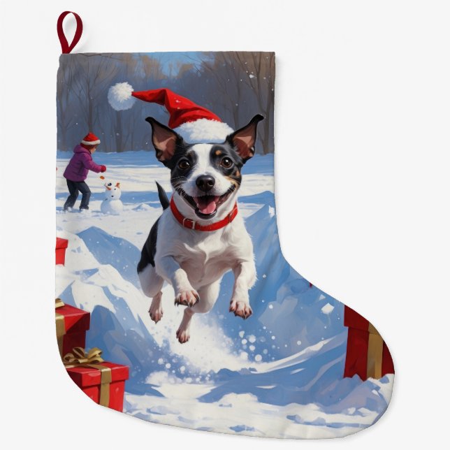 Rat Terrier Running in Snow with Christmas Hat Large Christmas Stocking (Front)