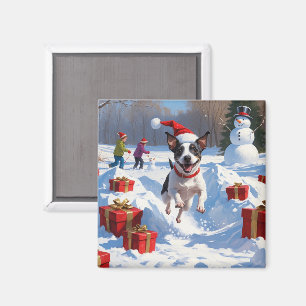 Rat Terrier Running in Snow with Christmas Hat Magnet