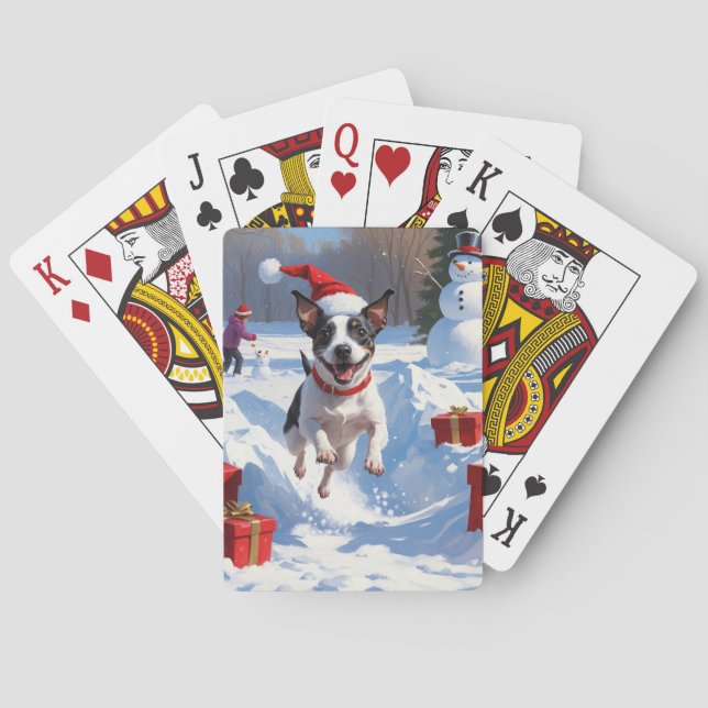 Rat Terrier Running in Snow with Christmas Hat Playing Cards (Back)