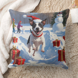 Rat Terrier Running in Snow with Christmas Hat Throw Pillow