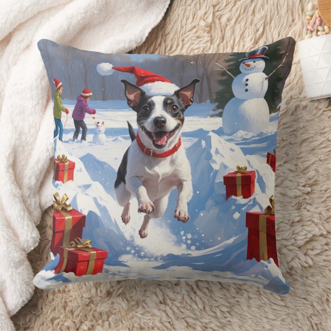 Rat Terrier Running in Snow with Christmas Hat Throw Pillow (Blanket)
