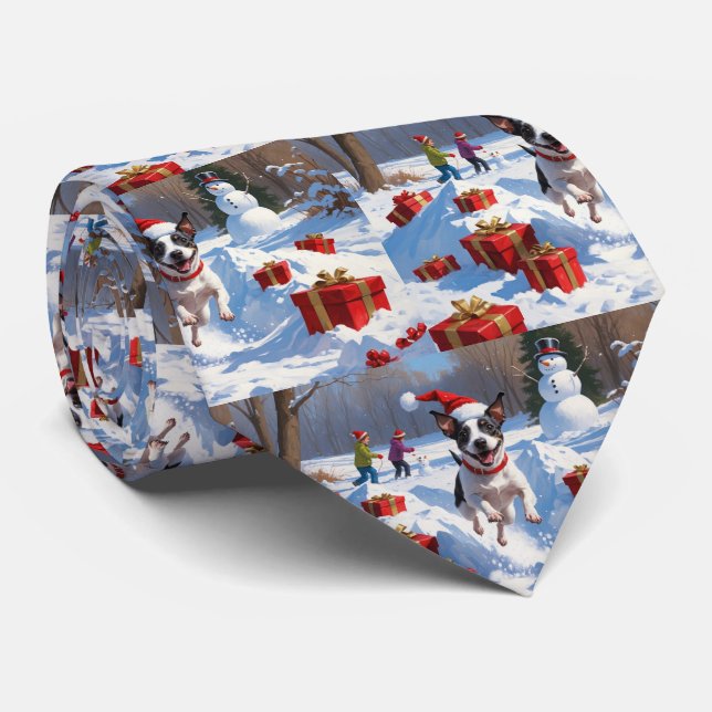 Rat Terrier Running in Snow with Christmas Hat Tie (Rolled)