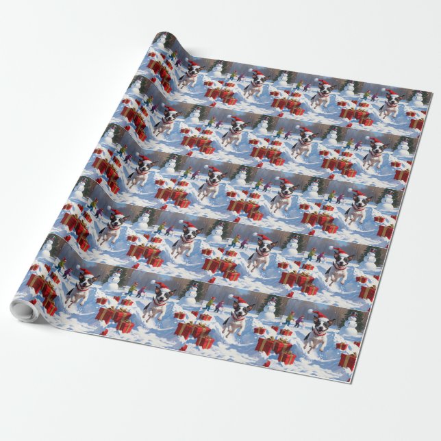 Rat Terrier Running in Snow with Christmas Hat Wrapping Paper (Unrolled)