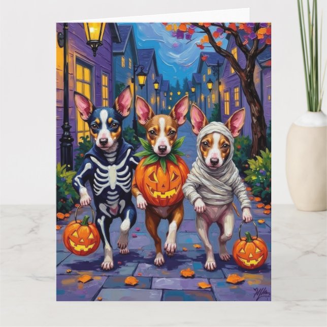 Rat Terrier Trick-or-Treating Halloween Costumes Card (Front)
