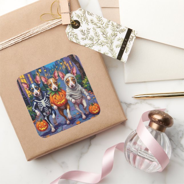 Rat Terrier Trick-or-Treating Halloween Costumes Square Sticker (Gifting)