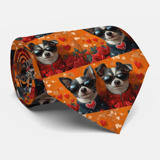 Rat Terrier With Heart Roses Valentine's Day Tie (Rolled)