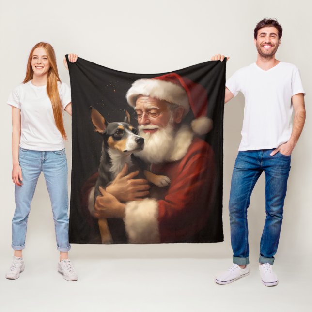 Rat Terrier With Santa Claus Festive Christmas  Fleece Blanket (In Situ)