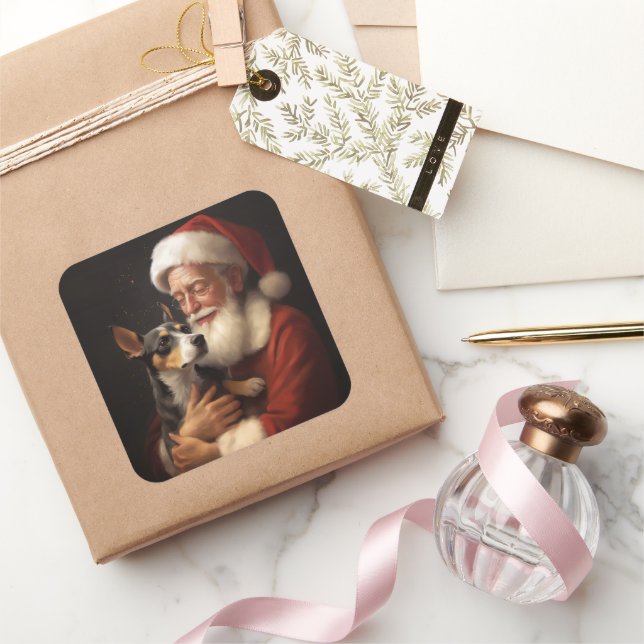 Rat Terrier With Santa Claus Festive Christmas  Square Sticker (Gifting)