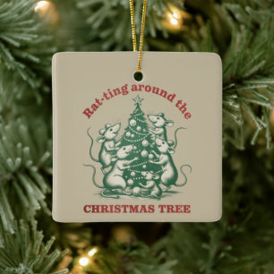 Rat-ting Around The Christmas Tree Funny Xmas Rat Ceramic Ornament