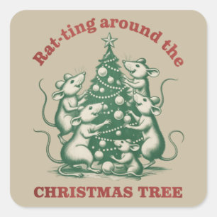 Rat-ting Around The Christmas Tree Funny Xmas Rat Square Sticker