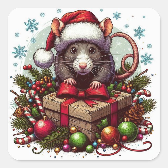 Rat wearing santa hat Christmas presents Art Square Sticker (Front)