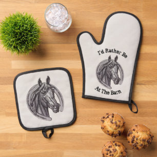 Rather Be At Barn Horse Lover Pony Equestrian Oven Mitt & Pot Holder Set