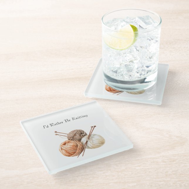 Rather Be Knitting Orange Brown Cream Yarn Glass Coaster (Angled)