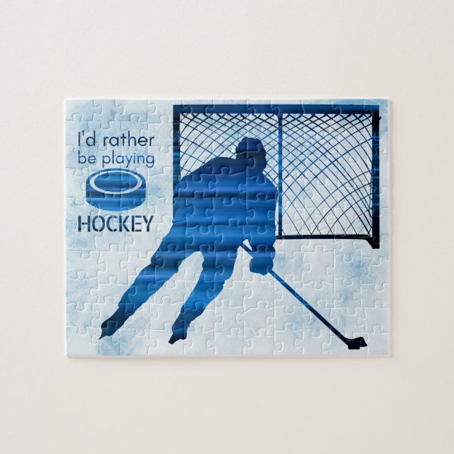 Rather be playing - blue hockey player jigsaw puzzle (Horizontal)