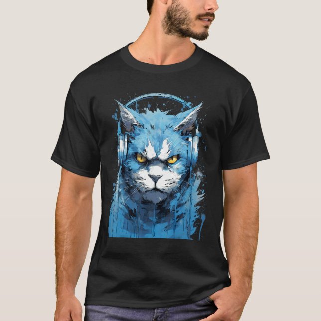 Rave EDM Angry Cat Headphone T-Shirt (Front)