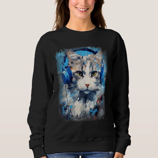 Rave EDM Ragamuffin Cat Headphone Sweatshirt (Front)