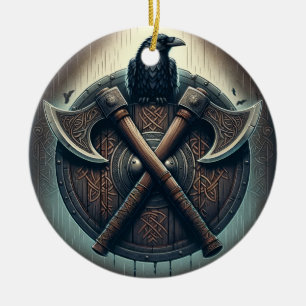 Raven and Axes – Norse Warrior Shield Wall Art Ceramic Ornament