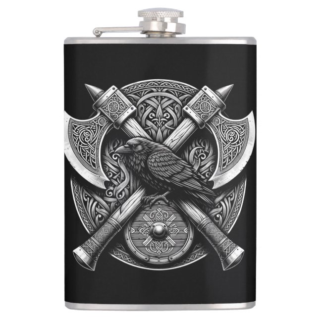 Raven and Axes – Norse Warrior Shield Wall Art Hip Flask (Front)