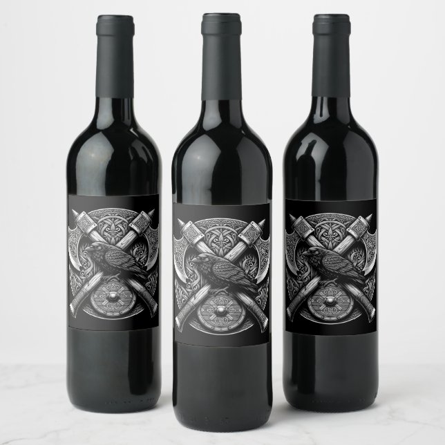 Raven and Axes – Norse Warrior Shield Wall Art Wine Label (Bottles)