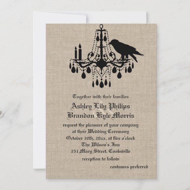 Raven and Damask on Burlap Wedding Invitation (Front)