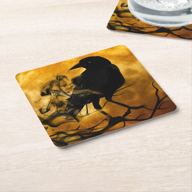 Raven and harvest moon fall Square paper coaster (Angled)